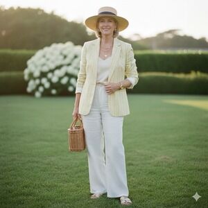 Draper James RSVP Striped Linen Blazer M Coastal Preppy Old Money Lemon Blue NWT